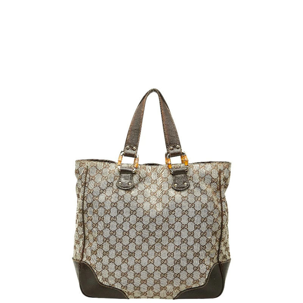 Gucci GG Canvas Bamboo Tote Bag Beige Cream Brown Leather
